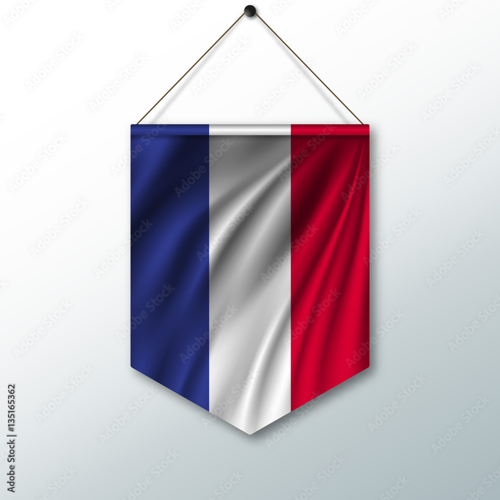 The national flag of France. The symbol of the state in the pennant hanging on the rope. Realistic vector illustration. The national flag of France. The symbol of the state in the pennant hanging on the rope. Realistic vector illustration.