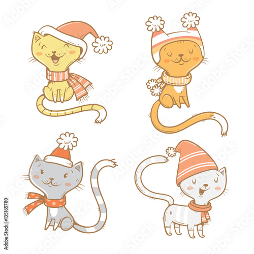 Cute cartoon cats set. Four little kitten. Winter time. Funny animals in hats and scarves. Vector contour image. Children's illustration.