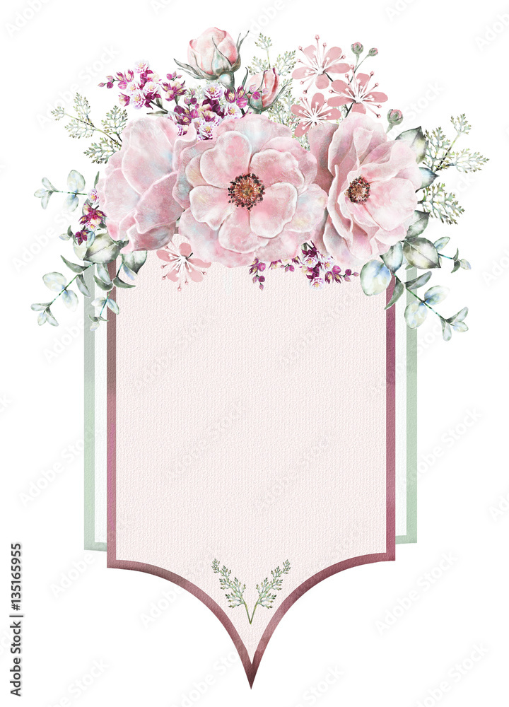 Card, Watercolor wedding invitation design with roses and leaves. flower, background with floral elements. Template.  frame