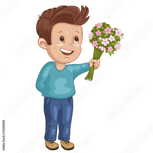 Illustration of a cute boy with a beautiful bouquet of flowers