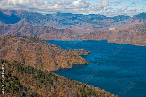 Lake Chuzenji from Hangetsuyama observation deck in autumn season.