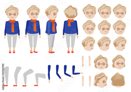 Old Woman character creation set. Icons with different types of faces and hair style, emotions,  front, rear, side view of female person. Moving arms, legs. Vector illustration