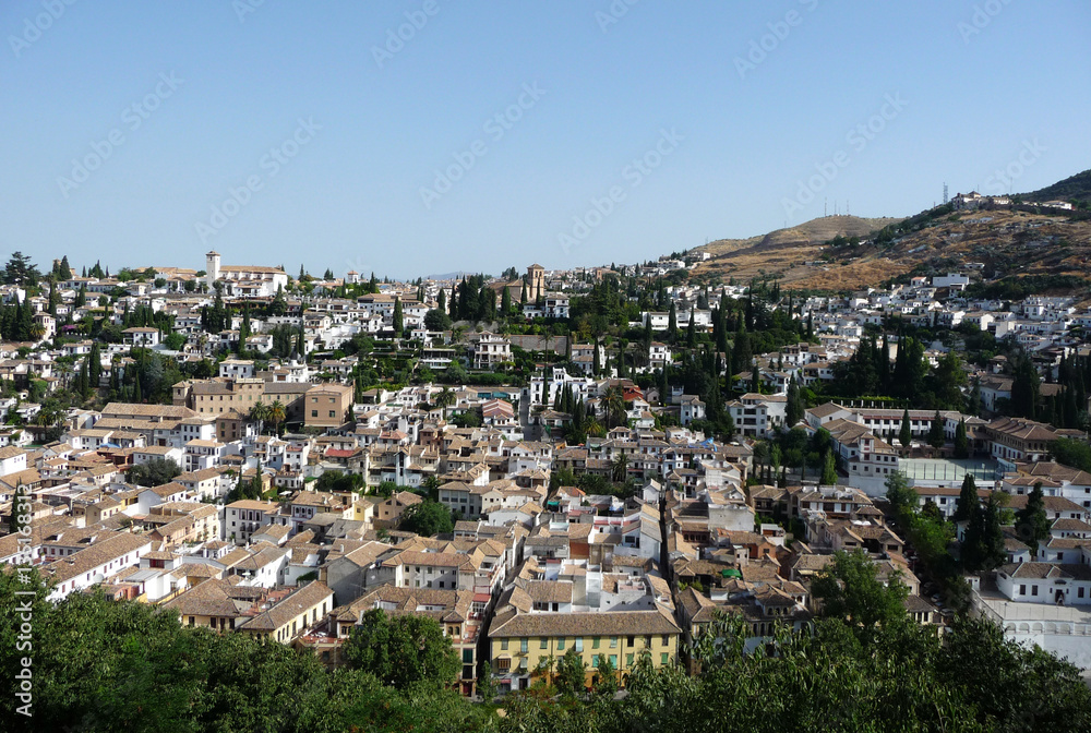 View of the old neighborhood of Albayzin of Granada from Alhambra palace, Spain