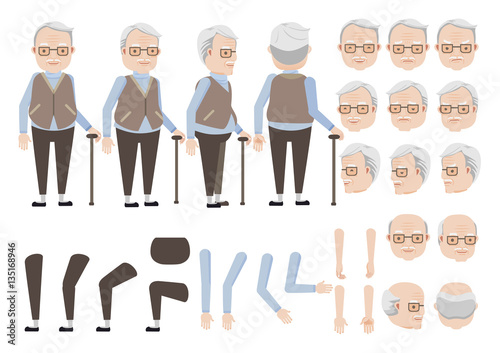 Old man relies on cane character creation set. Icons with different types of faces and hair style, emotions,  front, rear, side view of male person. Moving arms, legs. Vector illustration.