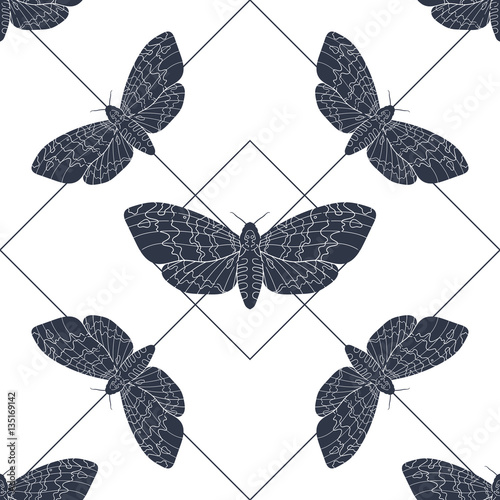 Hand drawn hawk moth vector seamless pattern