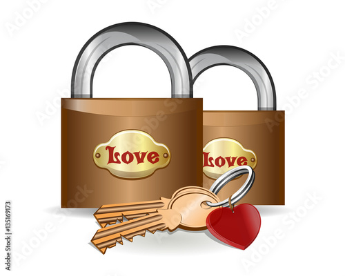 Pair locks with an inscription - love. Locks, keys, heart, love, romantic design. Locks for enamoured pairs and keys with keychain in the shape of a heart. Vector illustration