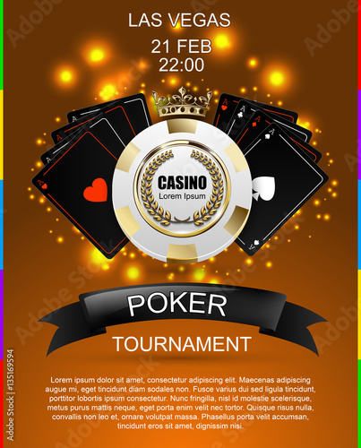 VIP poker luxury white and golden chip, golden crown with black ace card vector casino poster. Royal poker club tournament banner with laurel wreath, ribbon, spade, light effect on ocher background