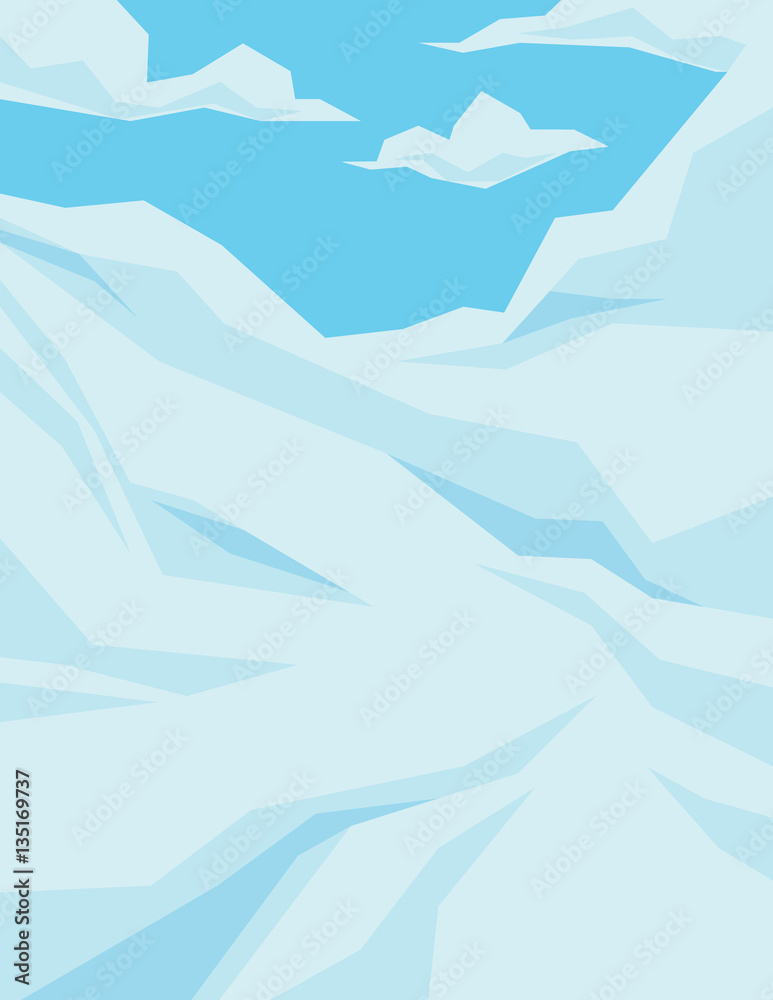 Winter scene with downhill slope, blue sky and clouds.