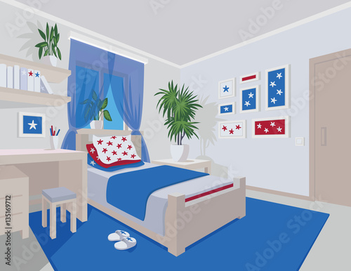 Colorful interior of bedroom in flat cartoon style.
