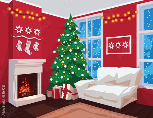 Colorful Christmas room interior with Red walls.