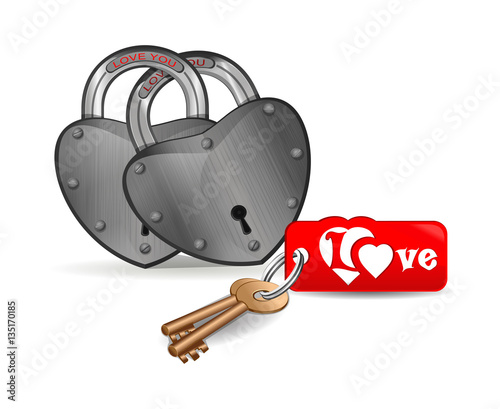 Padlock in the shape of a heart with an inscription - love you. Romantic design. Closed iron heart-shaped locks and keys to them. Locks for enamoured pairs. Vector illustration