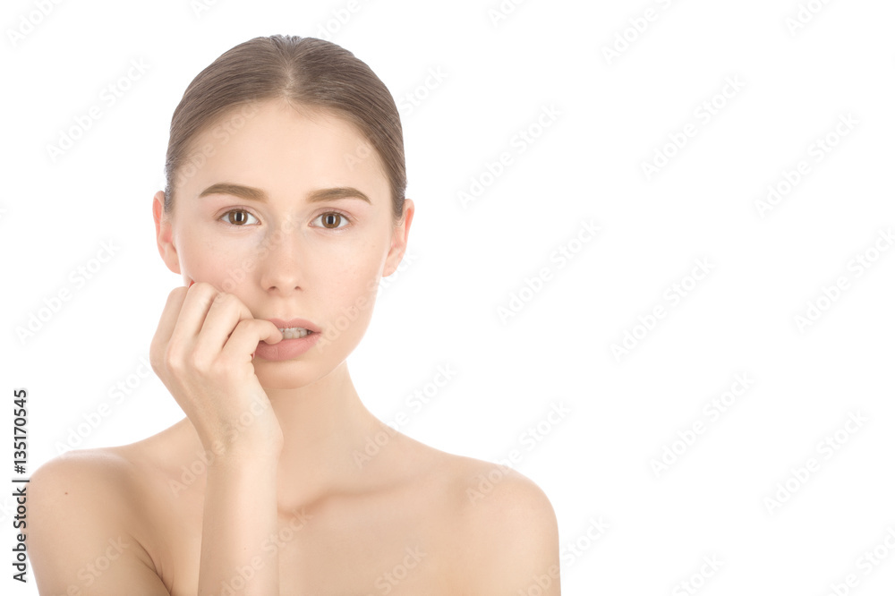 Woman with a natural beauty makeup look - isolated over a white background Woman with a natural beauty makeup look - isolated over a white background