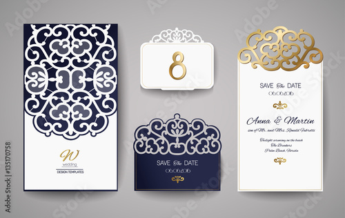Wedding invitation or greeting card with gold floral ornament. Wedding invitation envelope for laser cutting. Vector illustration.