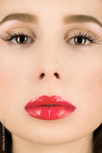Beauty face closeup. Sexy lips. Beauty female makeup detail. Beautiful make-up close-up. 