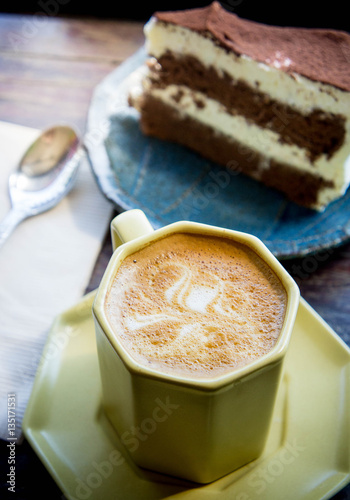 coffee cup and Chocolate cake in coffee shop