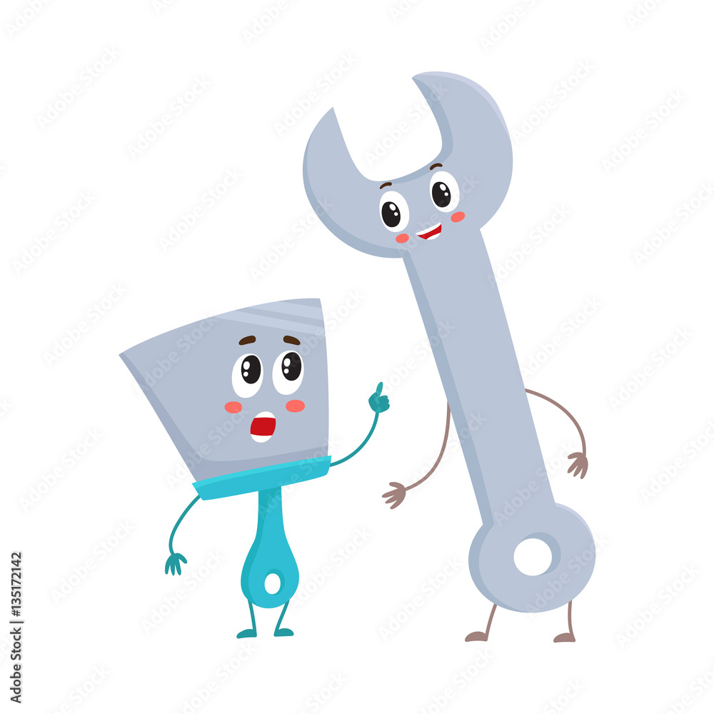 Funny hand trowel pointing up and wrench character listening, cartoon