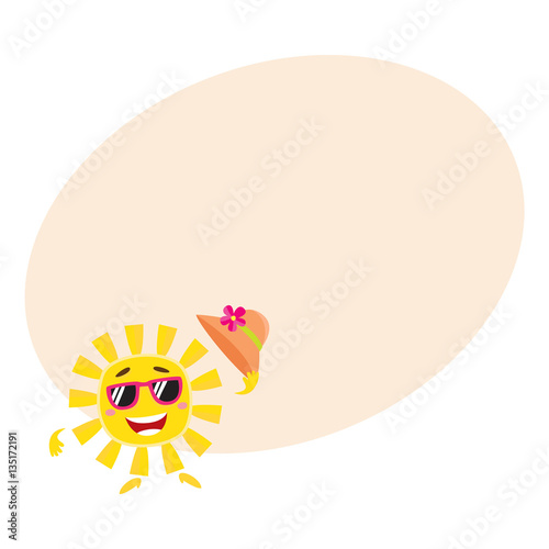 Summer sun character in sunglasses holding straw hat and smiling happily, cartoon vector illustration with place for text. Smiling sun funny character, mascot, symbol of summer vacation
