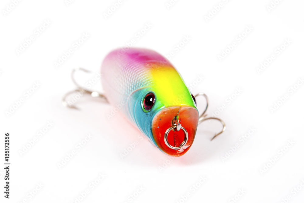Fishing lure isolated on white. Wobbler in three color.Blue, yellow and red  colors. Stock Photo