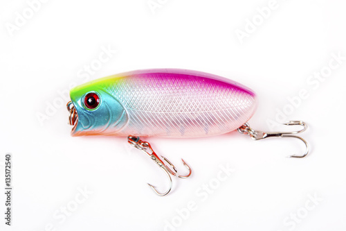 Fishing lure isolated on white. Wobbler in three color.Blue, yellow and red colors.