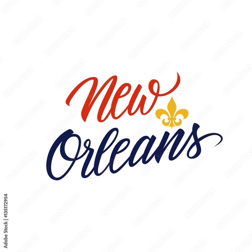 Handwritten city name New Orleans with Fleur De Lis symbol. Vector illustration.