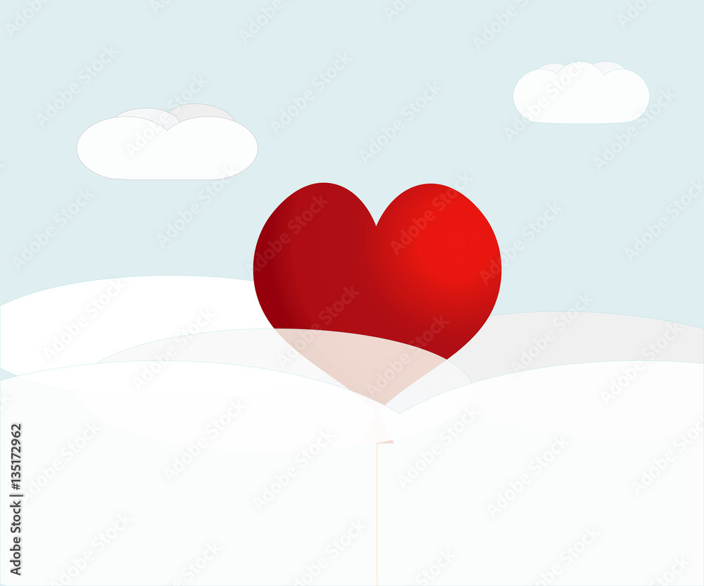 Valentine heart-shaped baloon in a blue sky with clouds. Vector background
