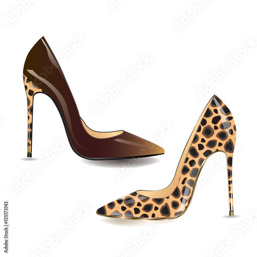 set realistic shoes high heel mixed color brown leopard spots modern isolated on white background vector design element