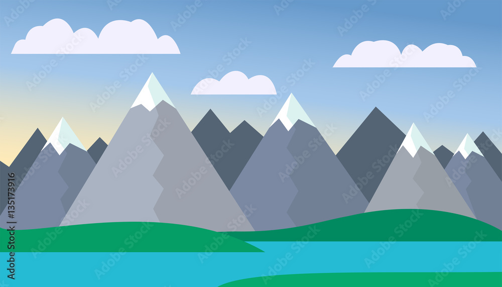 Mountain landscape, green hills, blue sky with clouds, lake, snow - Vector