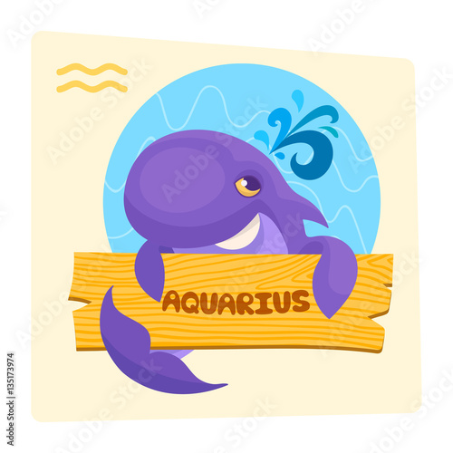 Vector pretty cartoon Aquarius zodiac sign whale with wooden plaque air element illustration 