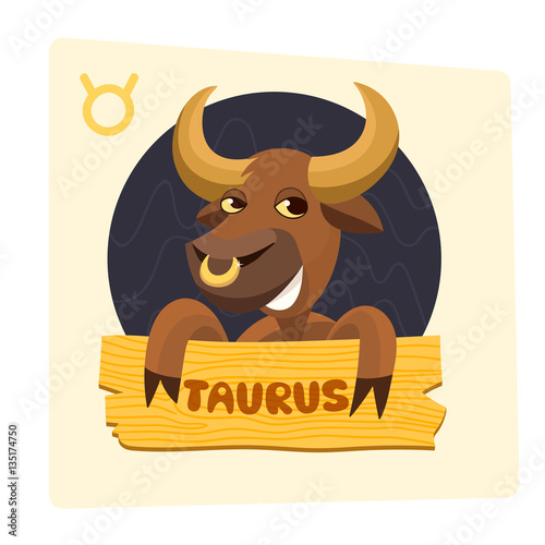 Vector pretty cartoon Taurus zodiac sign bull with wooden plaque earth element illustration 