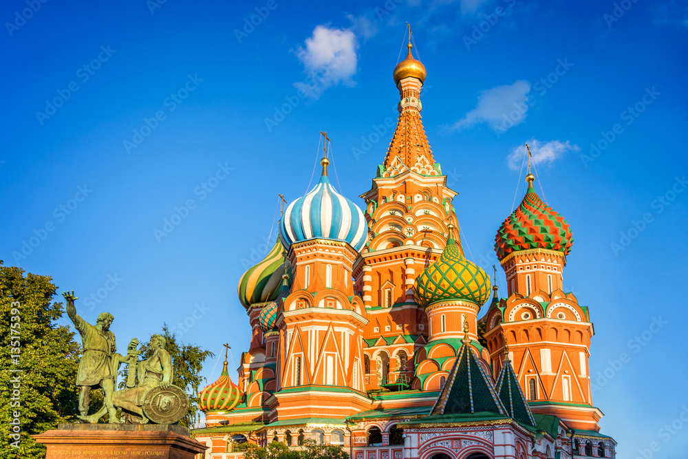 Monument to Minin and Pozharsky and St Basil's cathedral on Red Square, Moscow, Russia