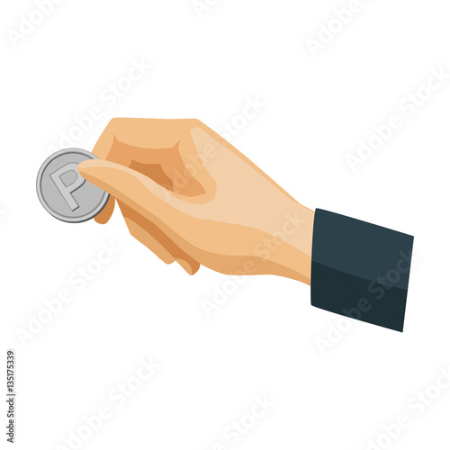 Hand holding coin for parking meter icon in cartoon style isolated on white background. Parking zone symbol stock vector illustration.