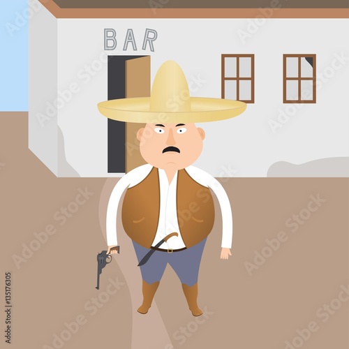 little armed gangster on dark background old bar