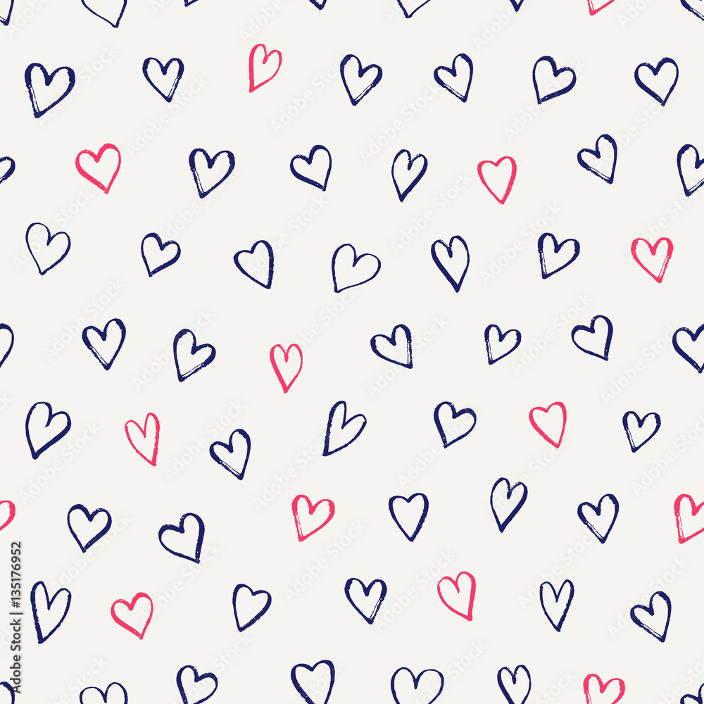 Seamless pattern with hand drawn hearts in blue and pink on cream background. Seamless pattern with hand drawn hearts in blue and pink on cream background.