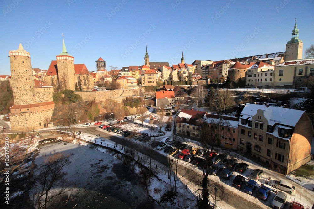 Winterliches Bautzener Altstadtpanorama / Blick von der Friedensbrücke auf das 