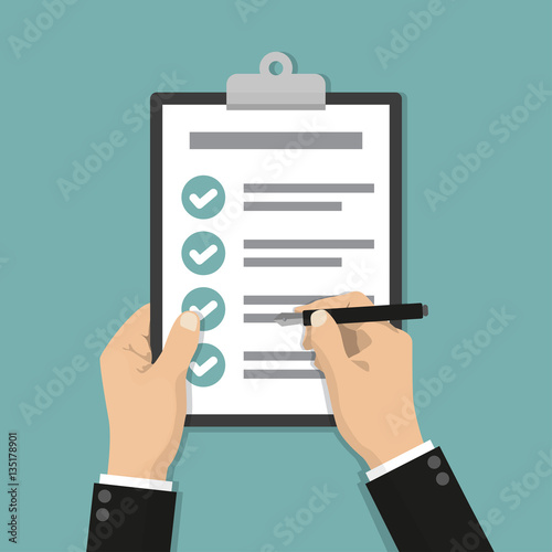 Businessman hands holding clipboard checklist with pen in a flat design