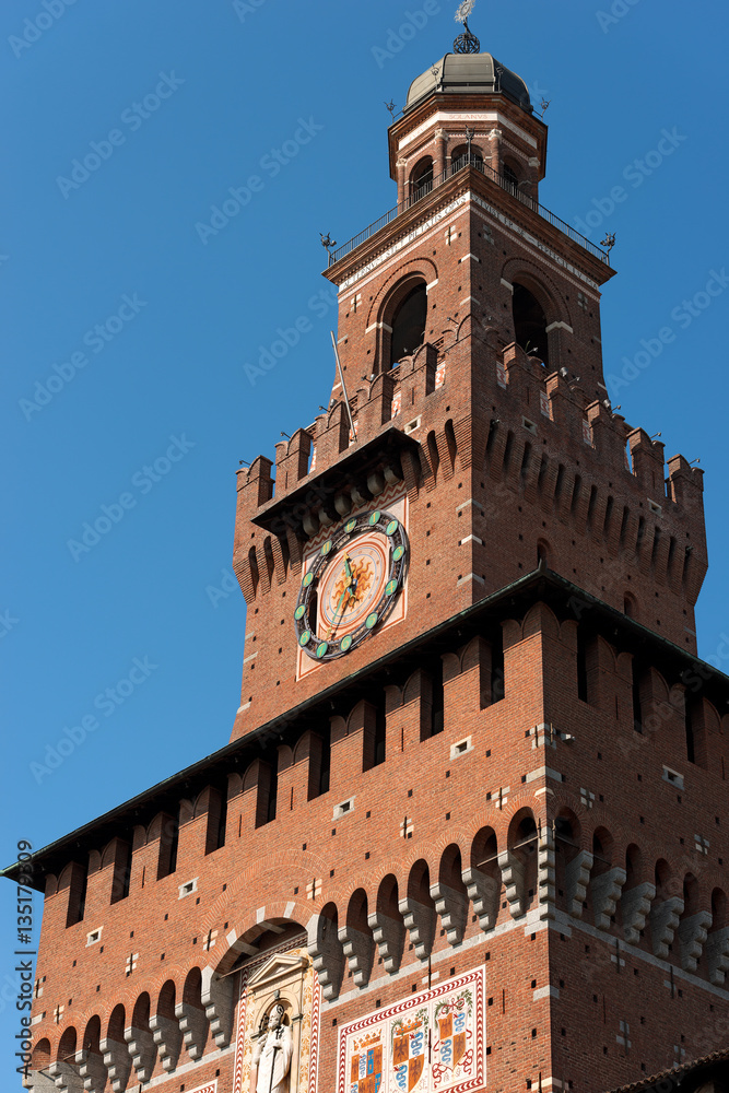Tower of Filarete (clock tower) of the Sforza Castle (Castello Sforzesco). Milan, Lombardy, Italy 
