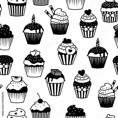 Black and white cupcakes seamless pattern. Vector muffins fabric print
