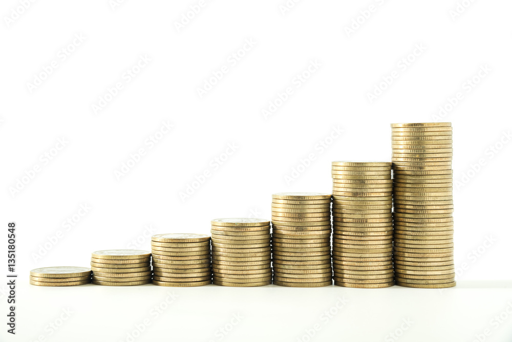 growing stack money coin saving from growing of business on whit growing stack money coin saving from growing of business on whit
