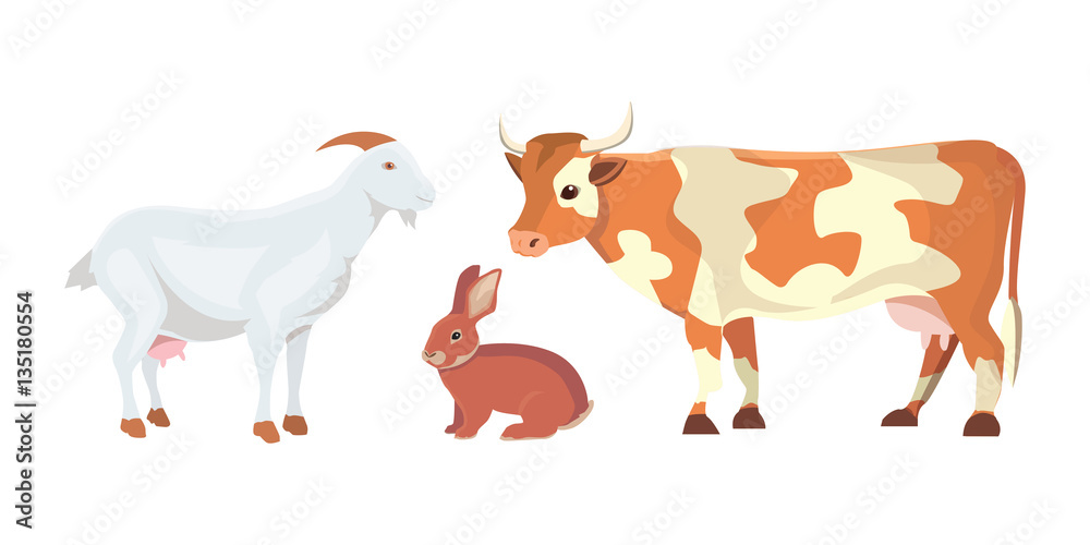 Fototapeta premium Cartoon Vector Illustration Set of Farm Animals isolated. Cow, goat ad rabbit .