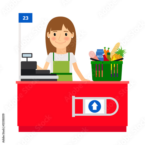 Cashier lady at her workplace. Grocery store shop assistant with cash register machine. Vector illustration