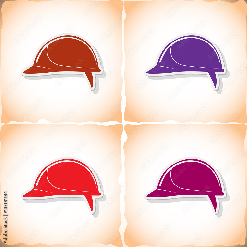 Helmet building. Flat sticker with shadow on old paper Helmet building. Flat sticker with shadow on old paper