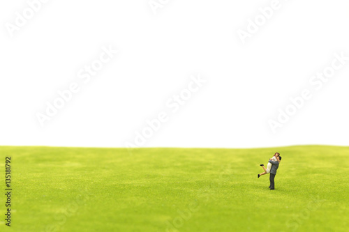 Miniature couple hugging on green fields