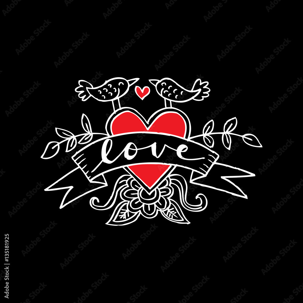 Letters love with two bird and ribbon. Letters love with two bird and ribbon.