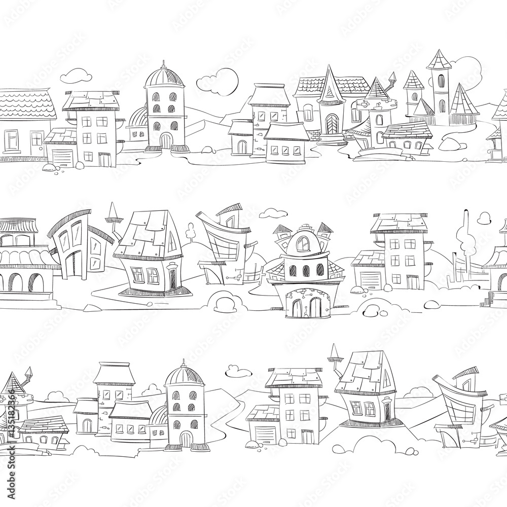 Cityscape with hand drawn doodle houses vector illustration