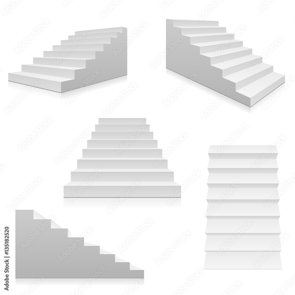 White stairs, 3d interior staircases isolated. Vector steps collection White stairs, 3d interior staircases isolated. Vector steps collection