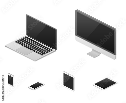 Isometric 3d laptop, tablet, smartphone, computer screen responsive web design vector elements © MicroOne