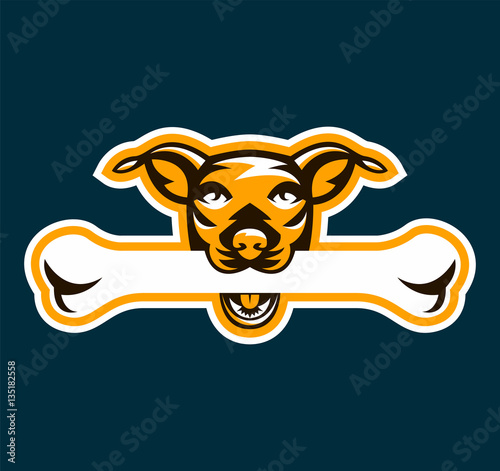 Logo dog holding bone in his teeth. Pet, pedigreed dog. Vector illustration.