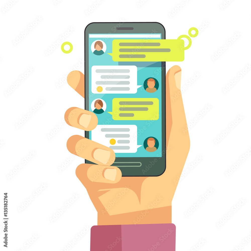 Chatting with chatbot on phone, online conversation texting message vector concept Chatting with chatbot on phone, online conversation texting message vector concept