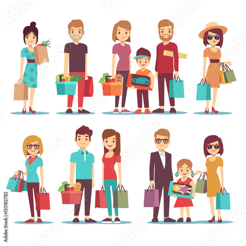 People shopping in mall vector cartoon characters set
