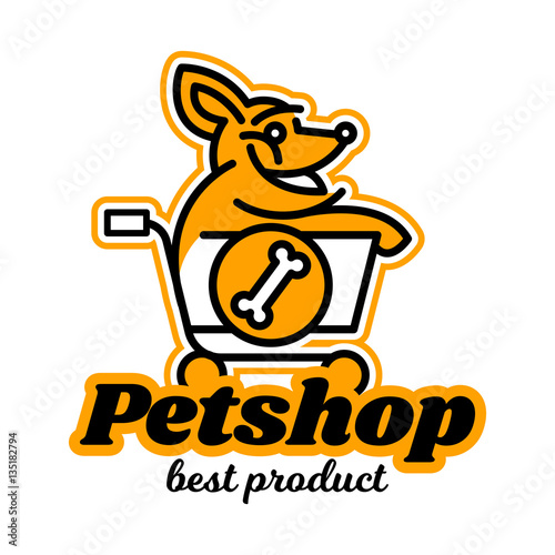 The logo on the theme of shop for pets. A dog riding in a supermarket trolley. Vector illustration. Line style.